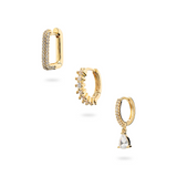 Set of 3 Earrings: Zircon Hoop with Pendant, Zircon Stone Hoop, Zircon Square