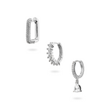 Set of 3 Earrings: Zircon Hoop with Pendant, Zircon Stone Hoop, Zircon Square