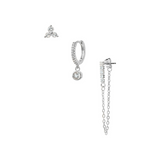 Set of 3 Mini Earrings: Hoop with Pendant, Zircons with Chain, Flower on the Lobe