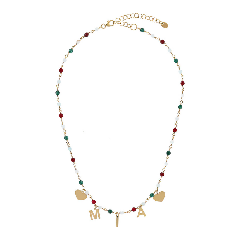 Rosary necklace with colored stones and hanging letters