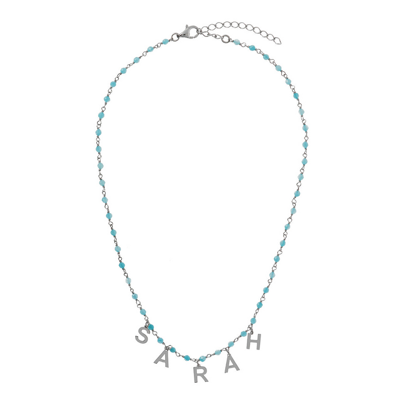 Rosary necklace with colored stones and hanging letters