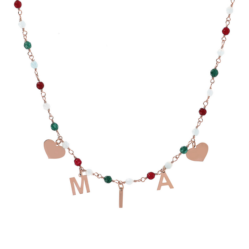 Rosary necklace with colored stones and hanging letters