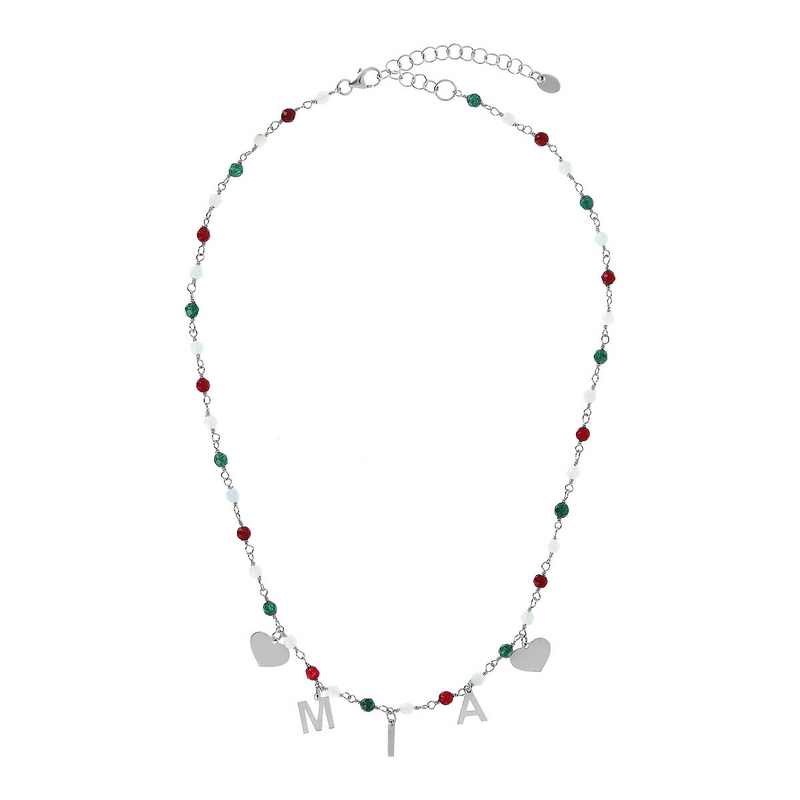 Rosary necklace with colored stones and hanging letters