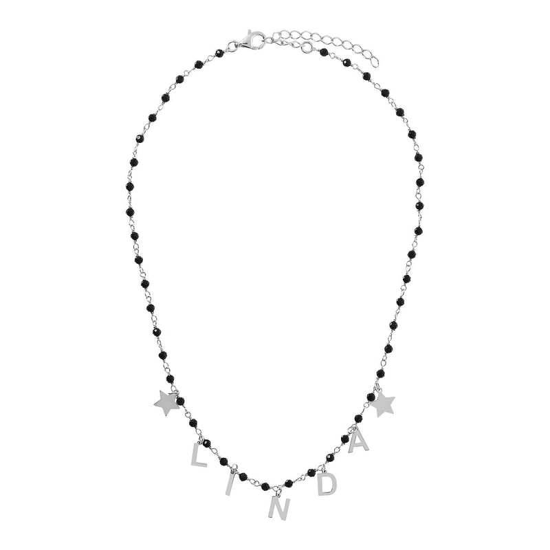 Rosary necklace with colored stones and hanging letters