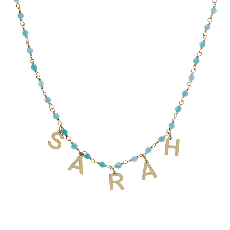 Rosary necklace with colored stones and hanging letters