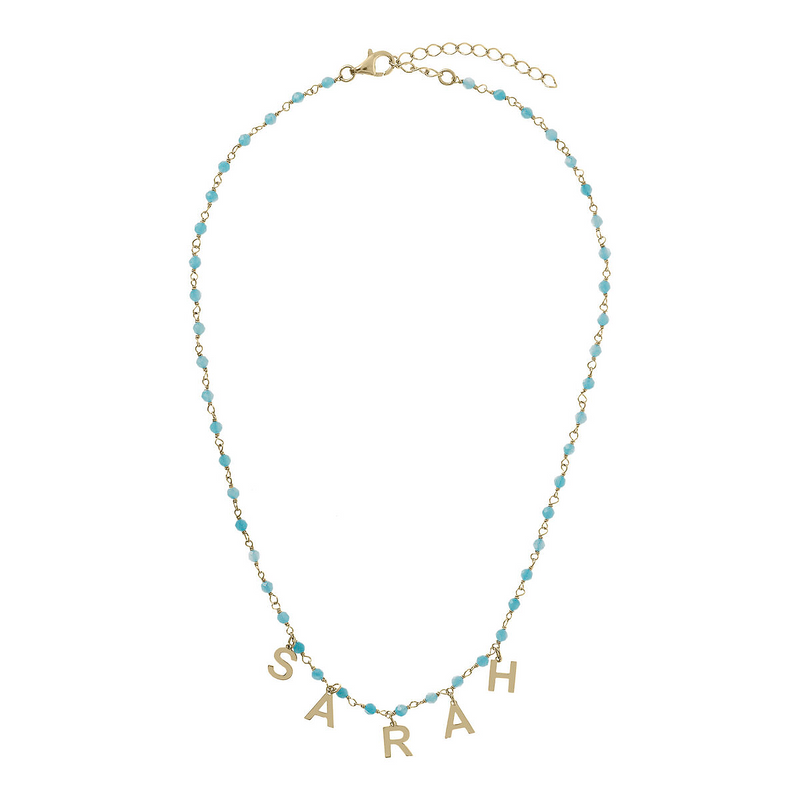 Rosary necklace with colored stones and hanging letters