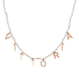 Rosary necklace with colored stones and hanging letters