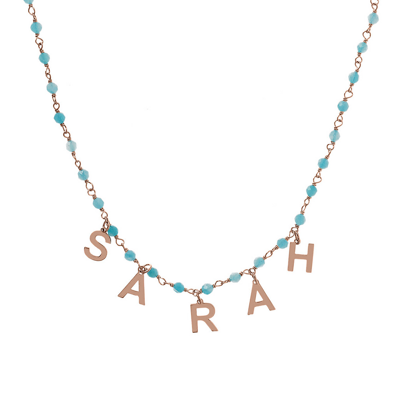 Rosary necklace with colored stones and hanging letters