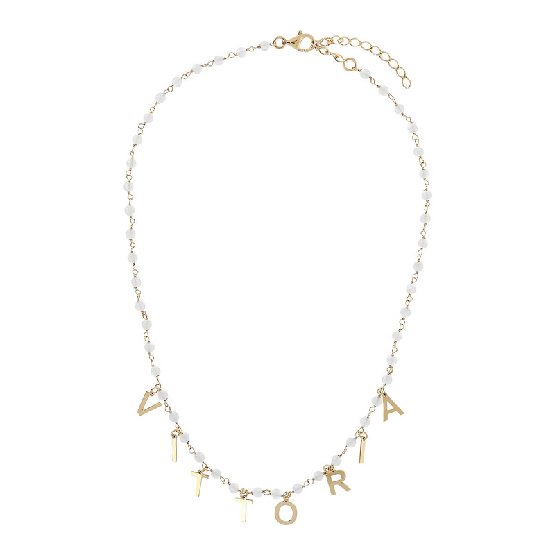 Rosary necklace with colored stones and hanging letters