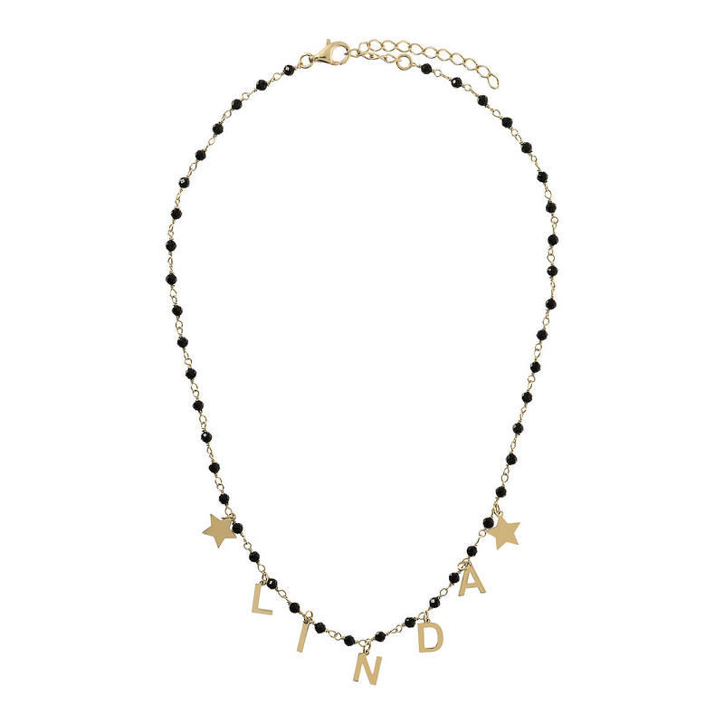 Rosary necklace with colored stones and hanging letters