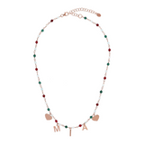 Rosary necklace with colored stones and hanging letters