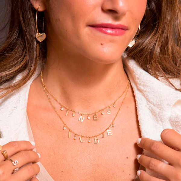 Personalized necklace with double name and diamond settings