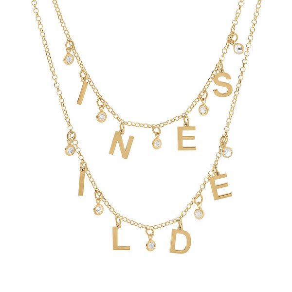 Personalized necklace with double name and diamond settings