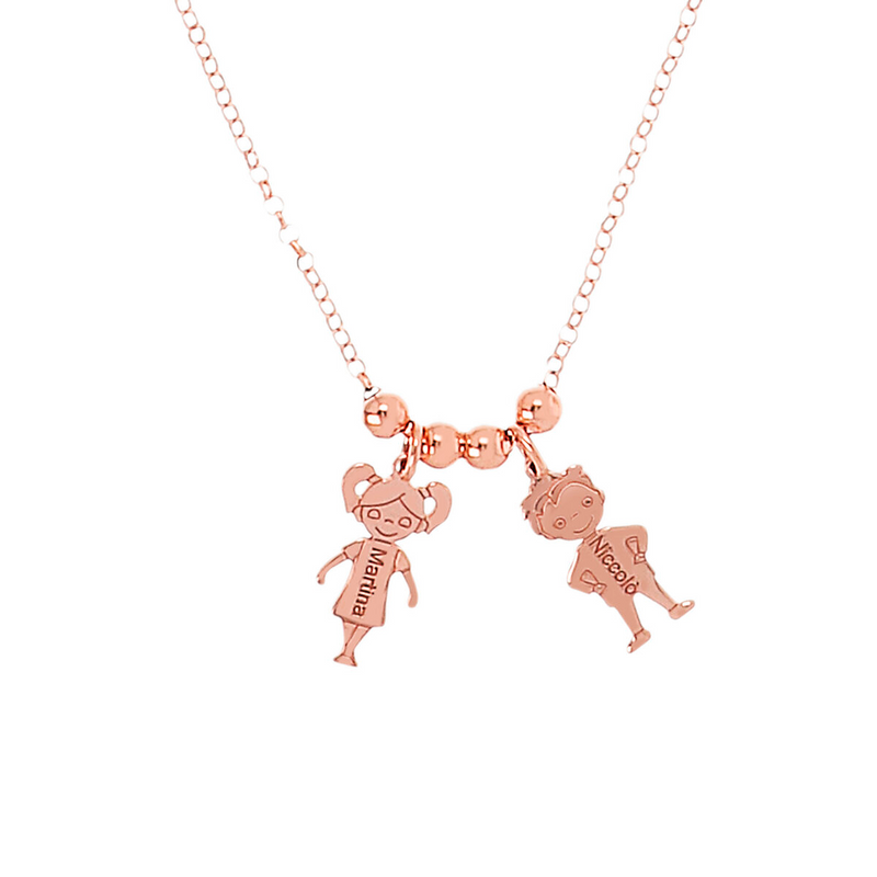 Necklace with two doll pendants and engravings