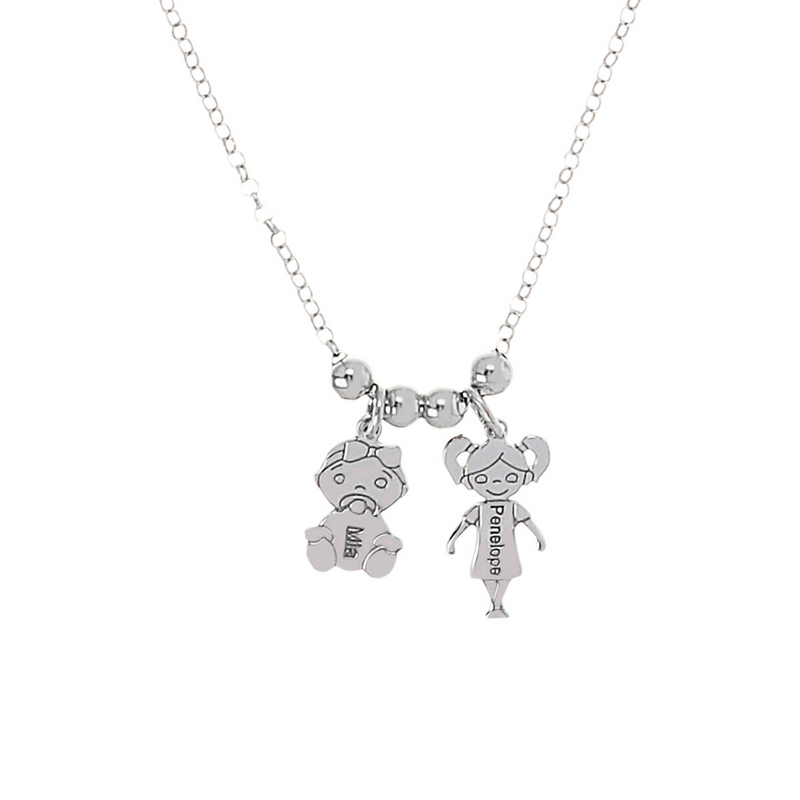 Necklace with two doll pendants and engravings