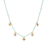 Rosary Necklace with Pendant Stars and Hearts in Zirconia