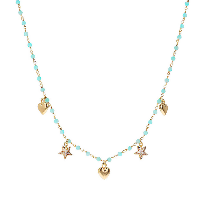 Rosary Necklace with Pendant Stars and Hearts in Zirconia
