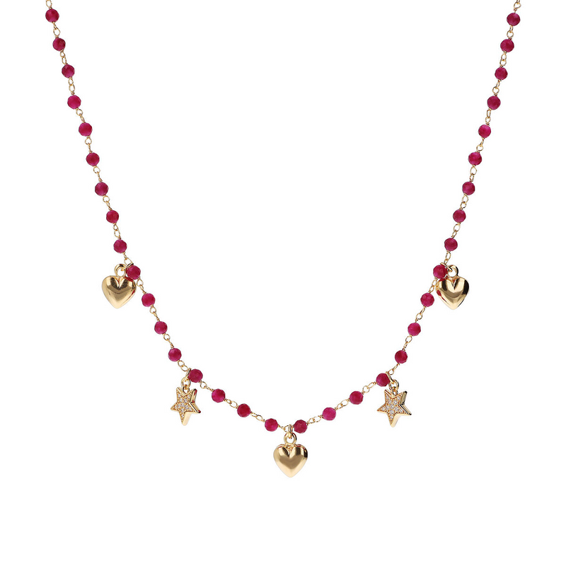 Rosary Necklace with Pendant Stars and Hearts in Zirconia