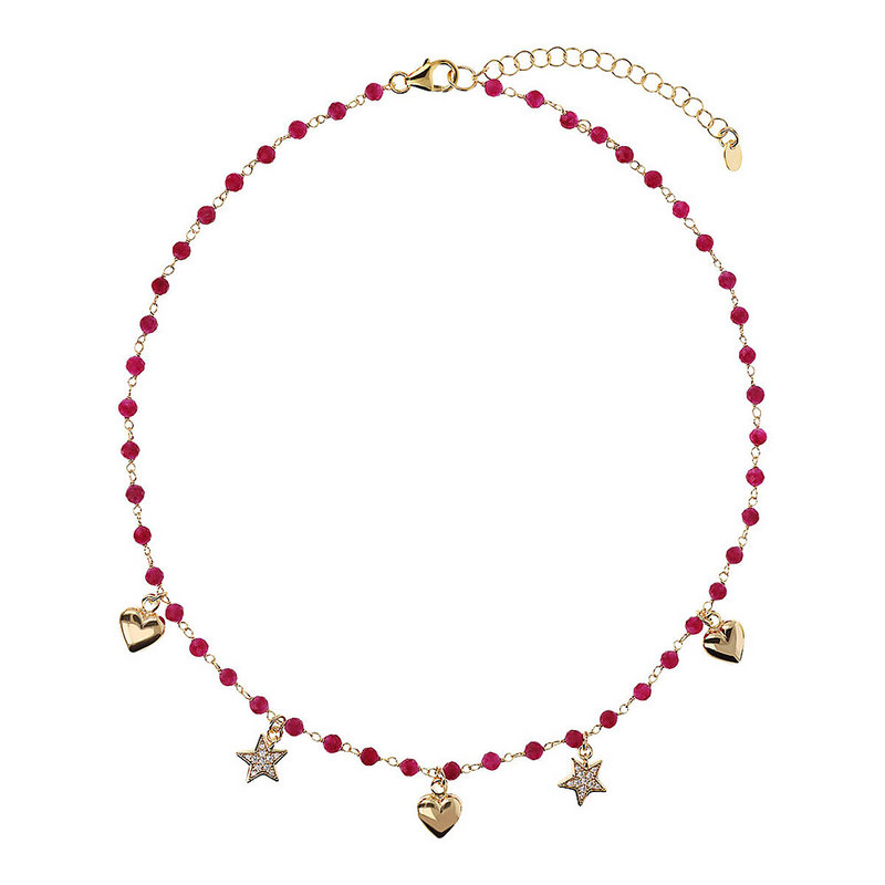Rosary Necklace with Pendant Stars and Hearts in Zirconia