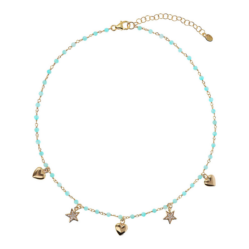 Rosary Necklace with Pendant Stars and Hearts in Zirconia