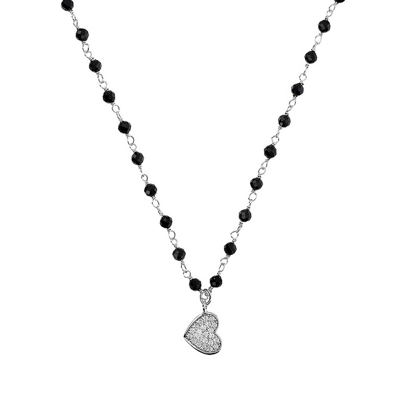 Rosary necklace with zirconia pendant: iron, cross and heart