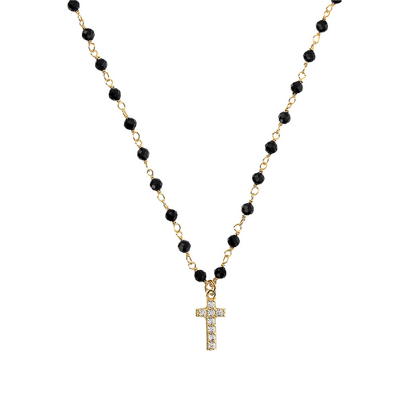 Rosary necklace with zirconia pendant: iron, cross and heart