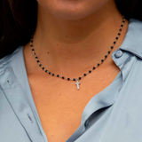 Rosary necklace with zirconia pendant: iron, cross and heart