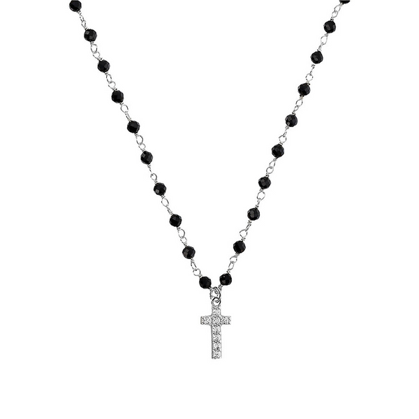 Rosary necklace with zirconia pendant: iron, cross and heart