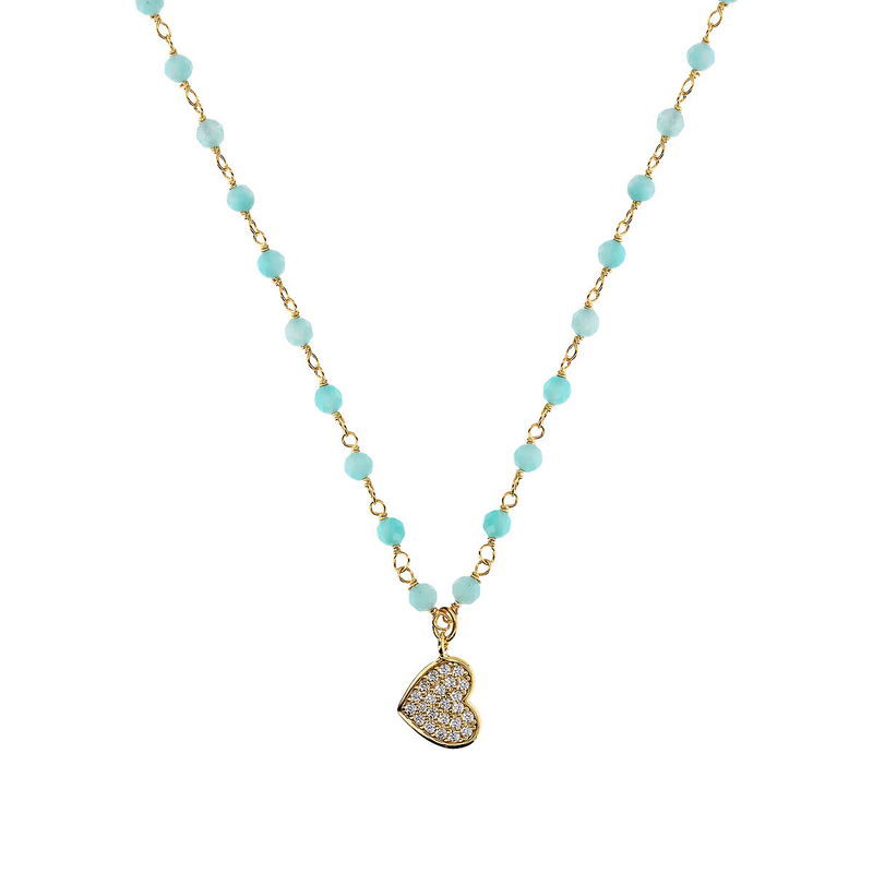 Rosary necklace with zirconia pendant: iron, cross and heart