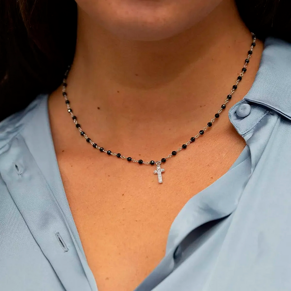 Rosary necklace with zirconia pendant: iron, cross and heart
