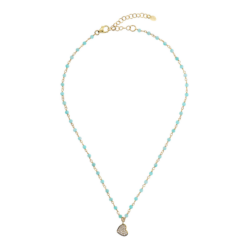 Rosary necklace with zirconia pendant: iron, cross and heart