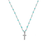 Rosary necklace with zirconia pendant: iron, cross and heart