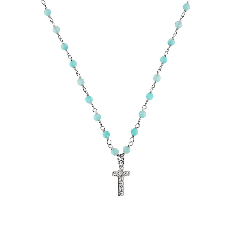 Rosary necklace with zirconia pendant: iron, cross and heart