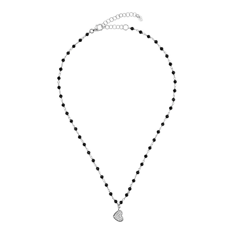 Rosary necklace with zirconia pendant: iron, cross and heart