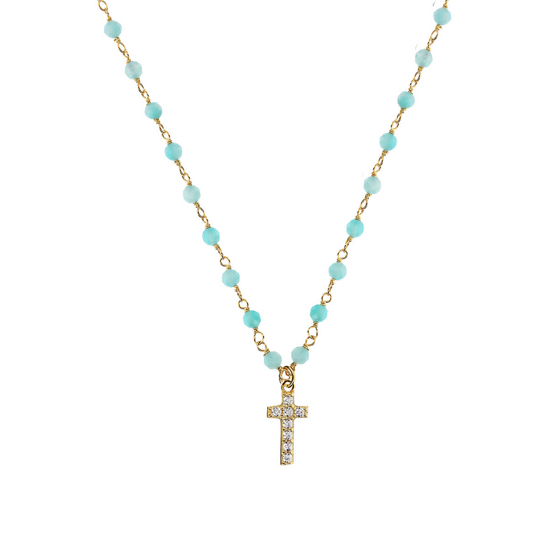 Rosary necklace with zirconia pendant: iron, cross and heart