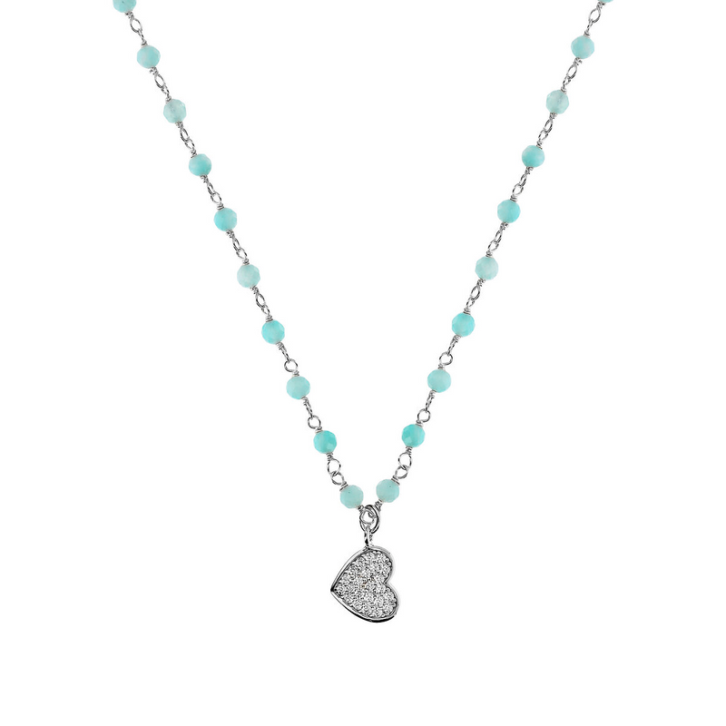 Rosary necklace with zirconia pendant: iron, cross and heart