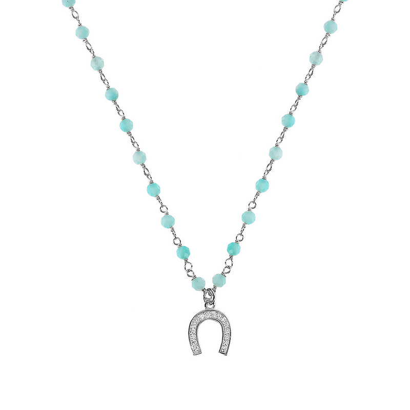 Rosary necklace with zirconia pendant: iron, cross and heart