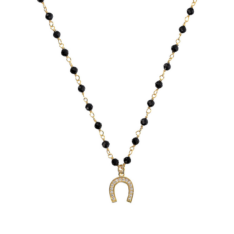 Rosary necklace with zirconia pendant: iron, cross and heart