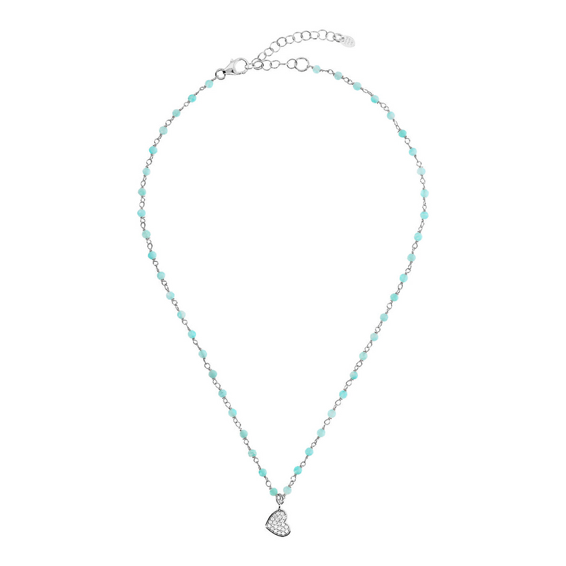 Rosary necklace with zirconia pendant: iron, cross and heart