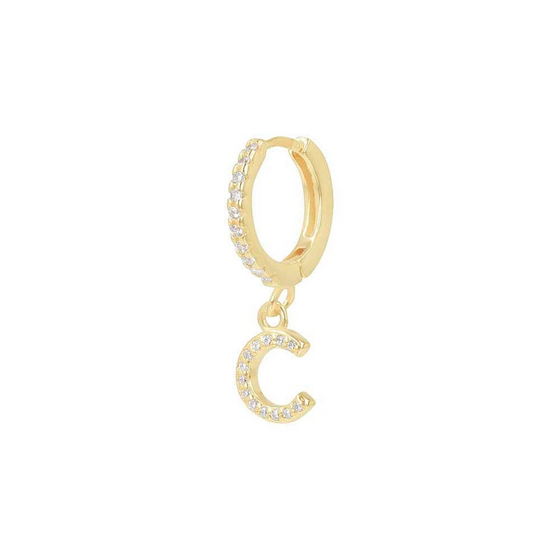 Single Zirconia Hoop Earring with Letter - 18kt Yellow Gold, C
