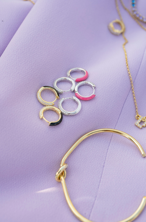 Double face hoop earrings with zirconia and colored enamel