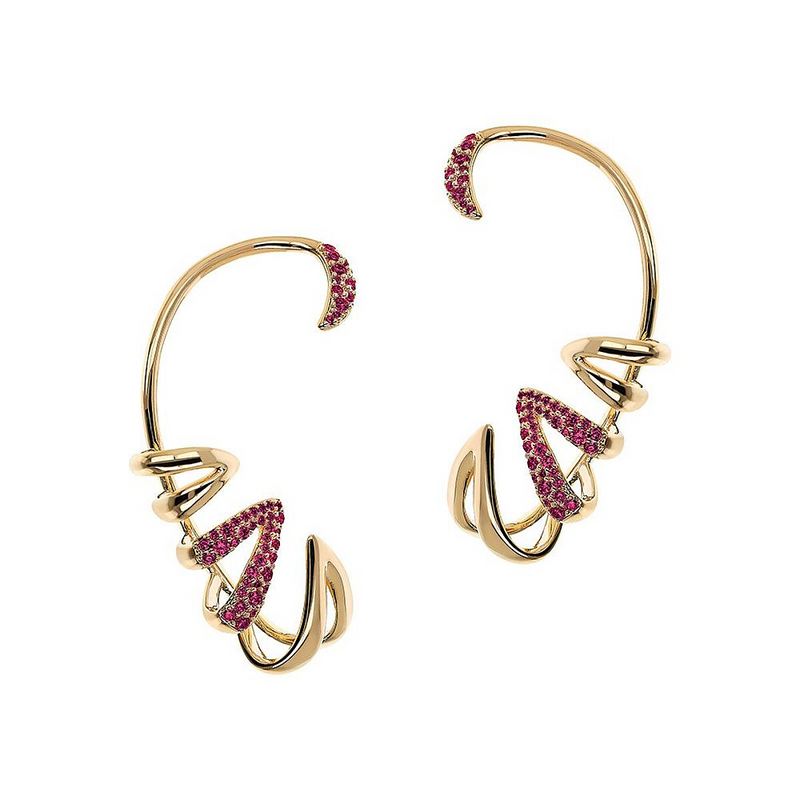 Coppia di Orecchini Ear Cuff Avvolgenti con Pietre Rosse