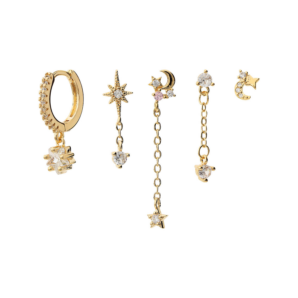 Set 12 Paia Orecchini Multi-Piercing – Cerchi, Perno Luna E Stella, Catena, In Oro E Argento