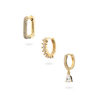 Set di 3 Orecchini: Cerchietto con Zirconi e Pendente, Cerchietto con Pietre di Zirconi, Quadrato in Zirconi