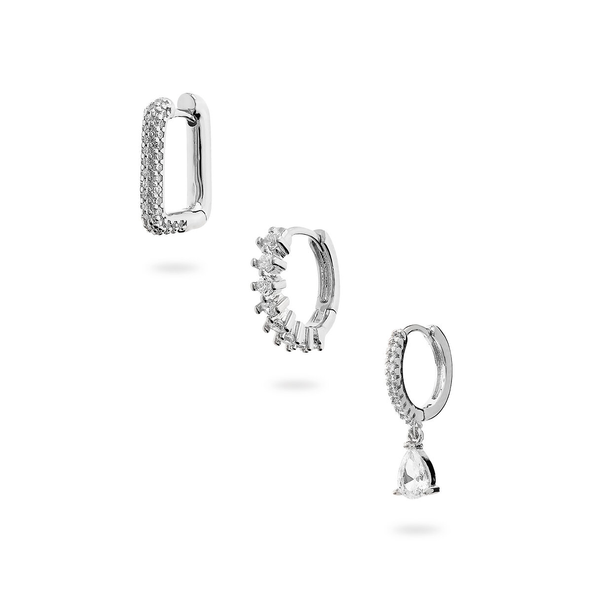 Set di 3 Orecchini: Cerchietto con Zirconi e Pendente, Cerchietto con Pietre di Zirconi, Quadrato in Zirconi - L DI LINDA