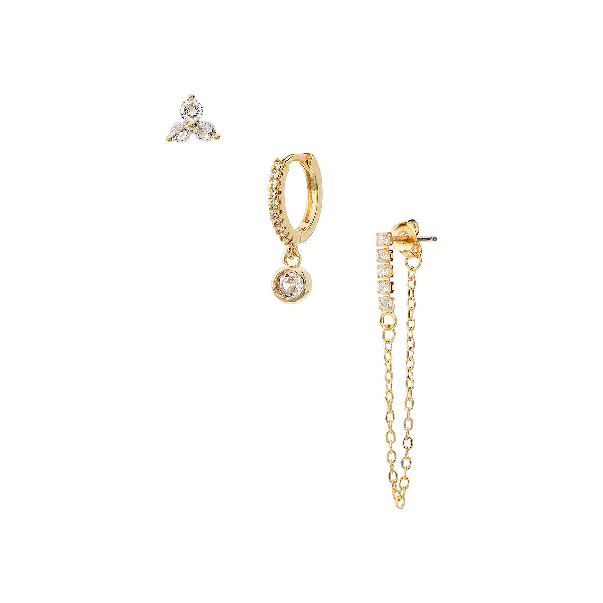 Set di 3 Mini Orecchini: Cerchietto con Pendente, Zirconi con Catenella, Fiore al Lobo - L DI LINDA