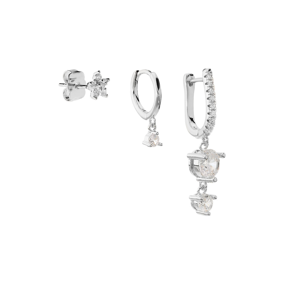 Set di 3 Orecchini: Quadratino Grande con pendente, Quadrato Piccolo con Pendente, Fiore al Lobo - L DI LINDA
