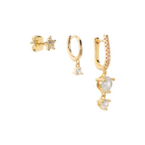 Set di 3 Orecchini: Quadratino Grande con pendente, Quadrato Piccolo con Pendente, Fiore al Lobo