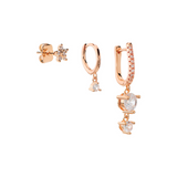 Set di 3 Orecchini: Quadratino Grande con pendente, Quadrato Piccolo con Pendente, Fiore al Lobo